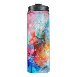 Abstrakte handgefertigte Textur. blau und oran Thermosbecher