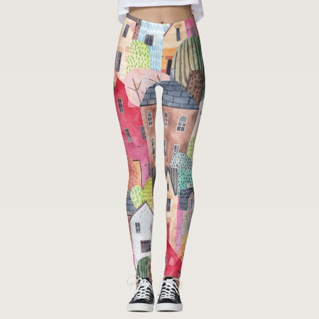 Abstrakte Häuser: Aquarell Nahtloser Hintergrund. Leggings (Vorderseite)