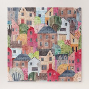 Abstrakte Häuser: Aquarell Nahtloser Hintergrund. Puzzle