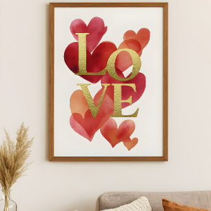 Abstrakte Herzen und Gold-LOVE-Typografie-Kunst Poster