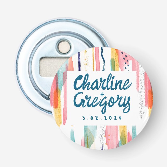 Abstrakte Hochzeit mit Aquarellfarbe Speichern Sie Flaschenöffner (Vorderseite)