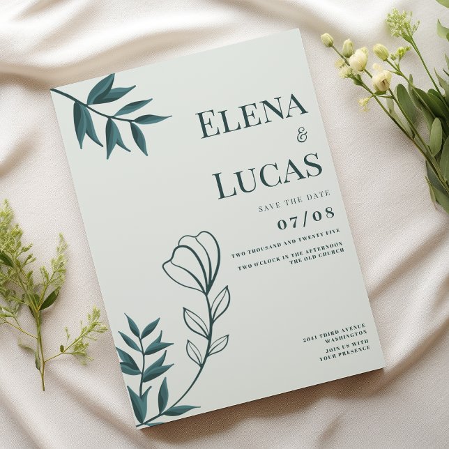 Abstrakte Hochzeit mit  Blumenzauber Einladung (Mint grayish cyan abstract sketch floral Wedding)