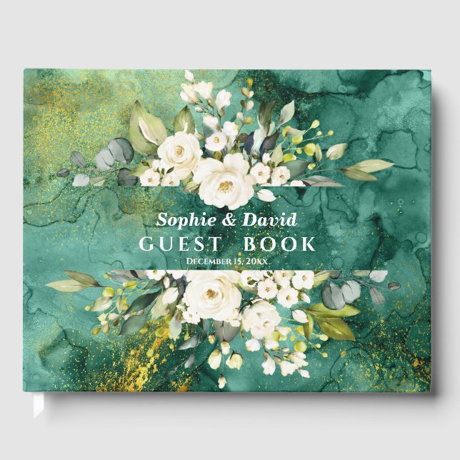 Abstrakte Hochzeit mit Malachite Gold Gästebuch (Vorderseite)