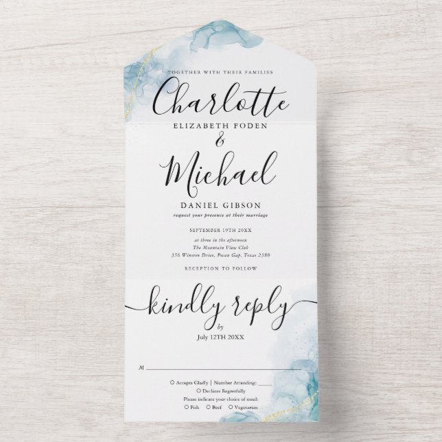 Abstrakte Hochzeit von Watercolor-Script-Monogramm All In One Einladung (Innen Boden)