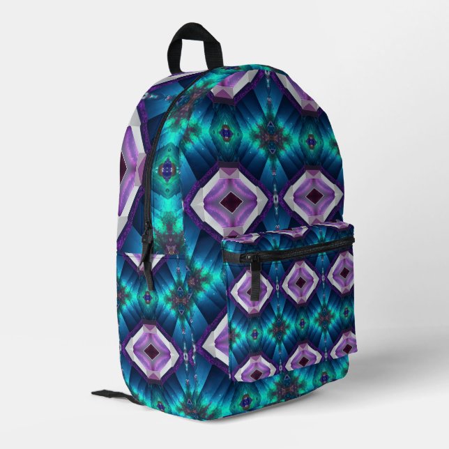 Abstrakte IKAT Kaleidoskop Gemstone Psychedelic Bedruckter Rucksack (Rückseitige Ecke links)
