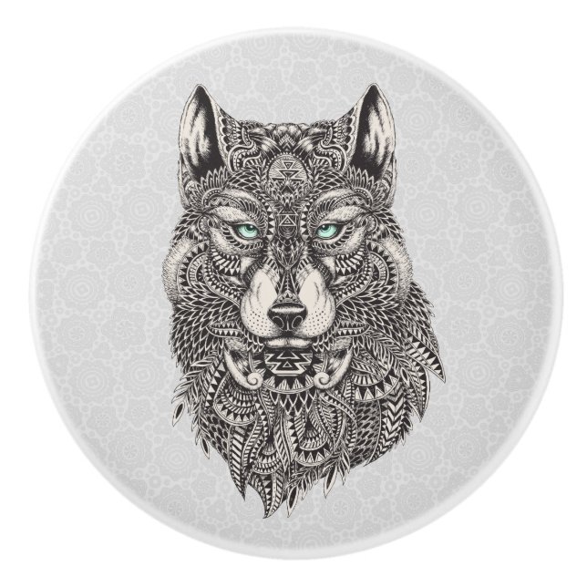 Abstrakte Illustration des Schwarzen Wolfs Keramikknauf (Vorderseite)