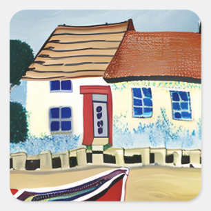 Abstrakte Illustration über Beach House und Boat Quadratischer Aufkleber