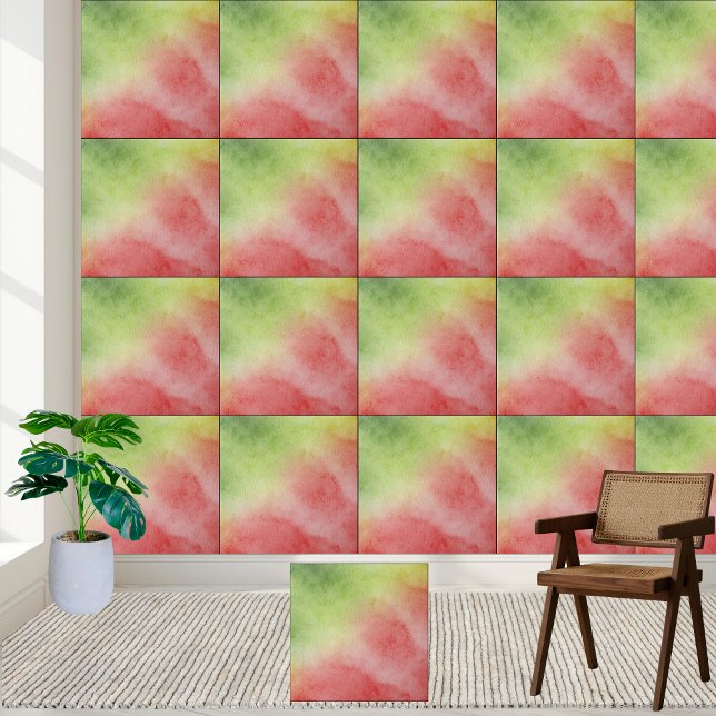 Abstrakte Keramik, grün und rot Fliese (Watercolor Green & Red Abstract Ceramic Tile)