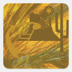 Abstrakte Kokopelli mit Mesa, Cactus & Sun Quadratischer Aufkleber