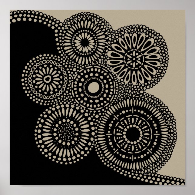Abstrakte Kreise Dots Blume Schwarz auf Tan Print Poster (Vorne)