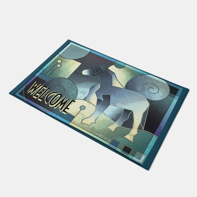 Abstrakte KUNST - EIN PFERD - Sand blau Fußmatte (Schrägansicht)