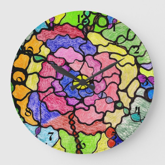 Abstrakte Kunst Farbenfrohe Wunderbare Blume Große Wanduhr (Vorderseite)