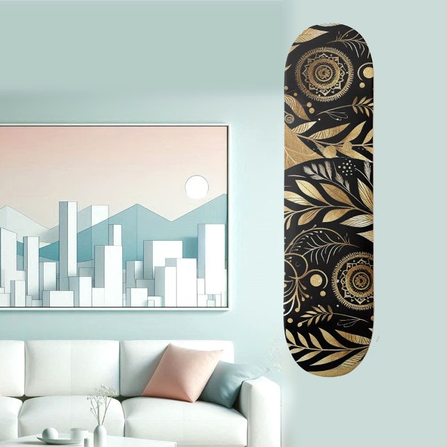 Abstrakte Kunst Goldenes Laub Schwarz Minimal Boho Skateboard (Abstract Art Gold Foliage Black Minimal Boho Funky Skateboard)