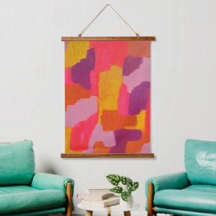Abstrakte Kunst in Rosa und Gelb Wandteppich Mit Holzrahmen