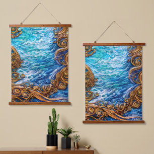 Abstrakte Kunst und Wasserfälle im blauen und gold Wandteppich Mit Holzrahmen