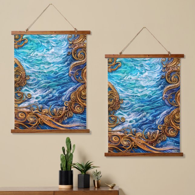 Abstrakte Kunst und Wasserfälle im blauen und gold Wandteppich Mit Holzrahmen (Asymmetrisch)