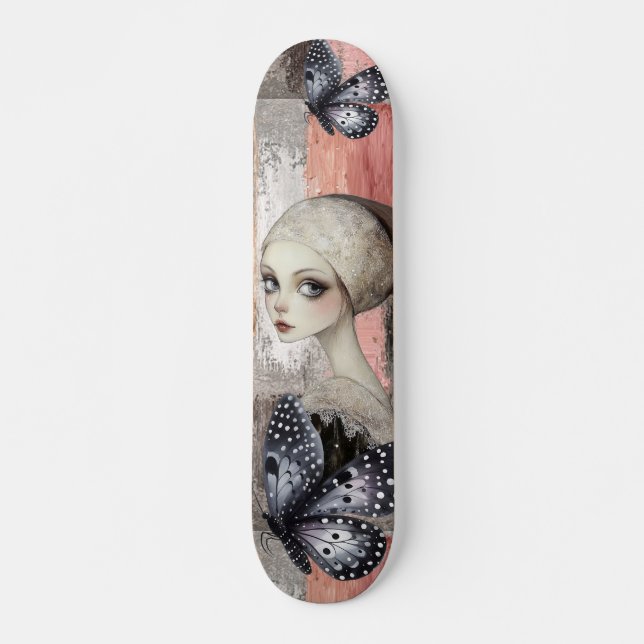 Abstrakte Kunstbedrückte Grunge Girl Mixed Media Skateboard (Vorne)