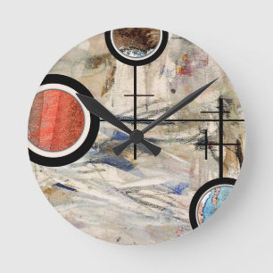 abstrakte Kunstcollage, Mischmedien und Watercolor Runde Wanduhr