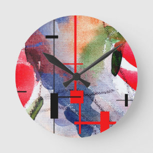 abstrakte Kunstcollage, Mischmedien und Watercolor Runde Wanduhr