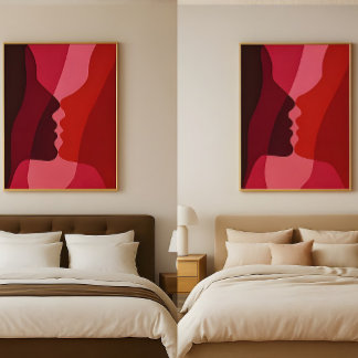 Abstrakte küssende Silhouetten in Rot und Magenta Poster