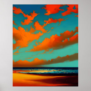 Abstrakte Landschaft mit aquamarin orangefarbenem  Poster