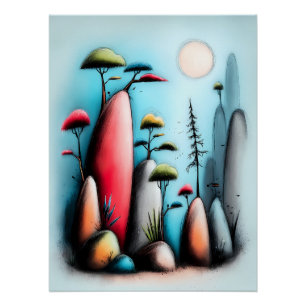 Abstrakte Landschaft mit Bäumen und Mond Poster