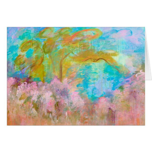 Abstrakte Landschaftskunst-Baum-Rosa-Aqua-Blumen (Vorderseite (Horizontal))
