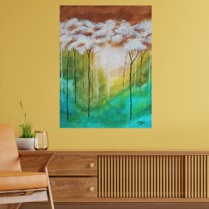 Abstrakte Landschaftskunst, schlanke Bäume, Türkis Poster