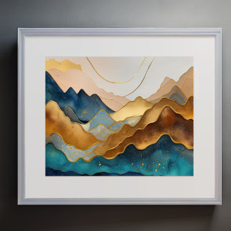 Abstrakte Landschaftsmalerei Gold Pfirsichblau Poster