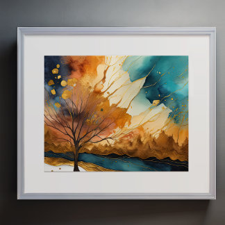Abstrakte Landschaftsmalerei Gold Rost Blau Poster