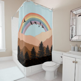 Abstrakte Landschaftswälder Bäume Regenbogen & Vög Duschvorhang