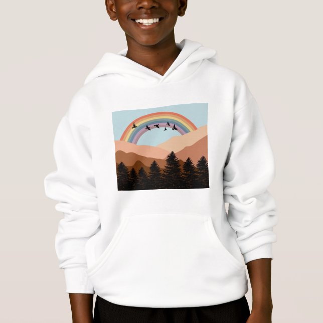 Abstrakte Landschaftswälder Bäume Regenbogen & Vög Hoodie (Vorderseite)