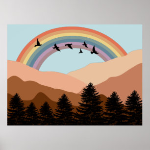 Abstrakte Landschaftswälder Bäume Regenbogen & Vög Poster