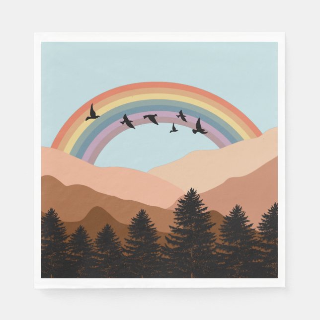Abstrakte Landschaftswälder Bäume Regenbogen & Vög Serviette (Vorderseite)