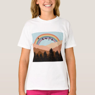 Abstrakte Landschaftswälder Bäume Regenbogen & Vög T-Shirt