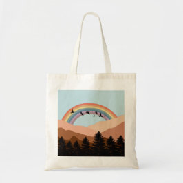Abstrakte Landschaftswälder Bäume Regenbogen & Vög Tragetasche