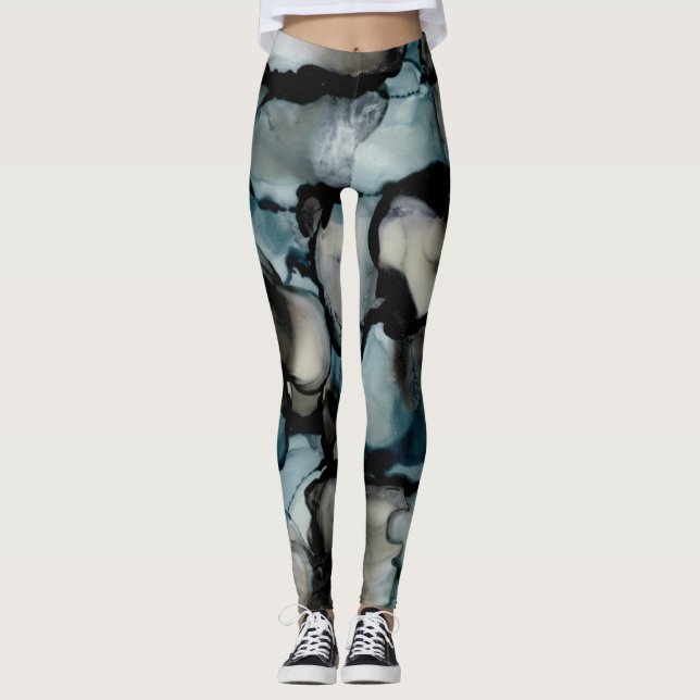 Abstrakte Leggings für Frauen in Schwarz und Blau (Vorderseite)