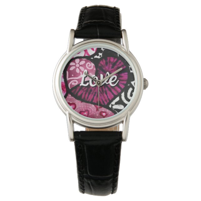 Abstrakte Liebe Herzrosa florale Polka Dosen Schwa Armbanduhr (Vorderseite)