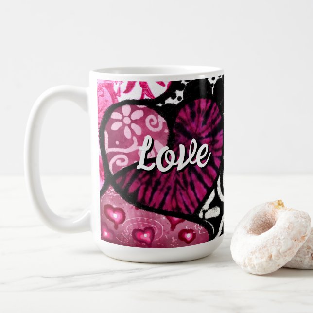 Abstrakte Liebe Herzrosa florale Polka Dosen Schwa Kaffeetasse (Mit Donut)