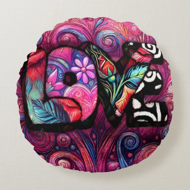 Abstrakte Liebe Word Graffiti Valentine Rundes Kissen (Vorderseite)