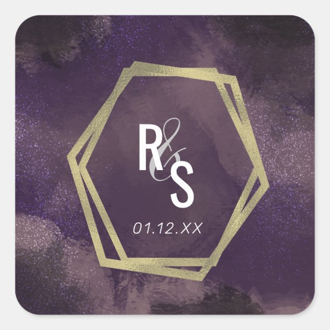 Abstrakte Lila Imitate Gold Splash Wedding Suite Quadratischer Aufkleber (Vorderseite)