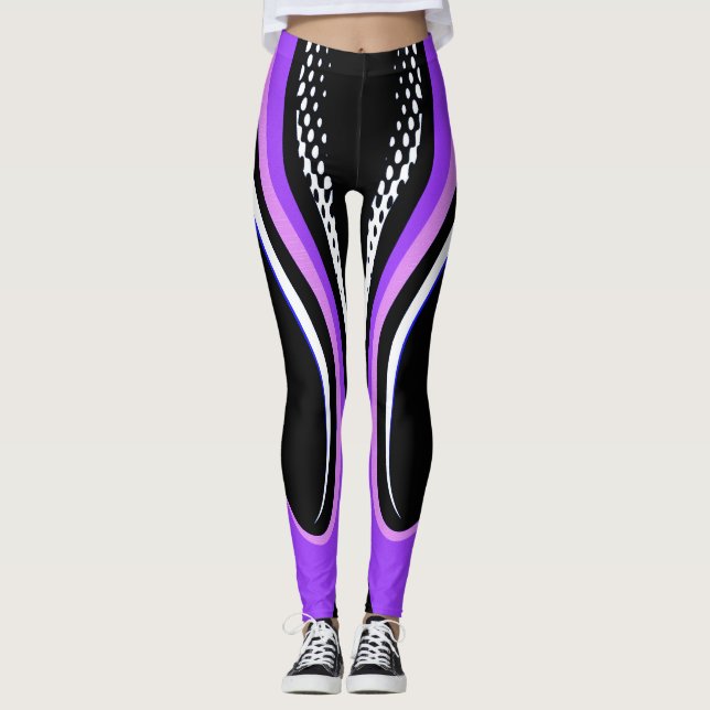 Abstrakte Lila Weiß- und Schwarzkurve Leggings (Vorderseite)
