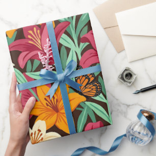 Abstrakte Lilien Orange Schmetterlinge Geschenkpap Geschenkpapier