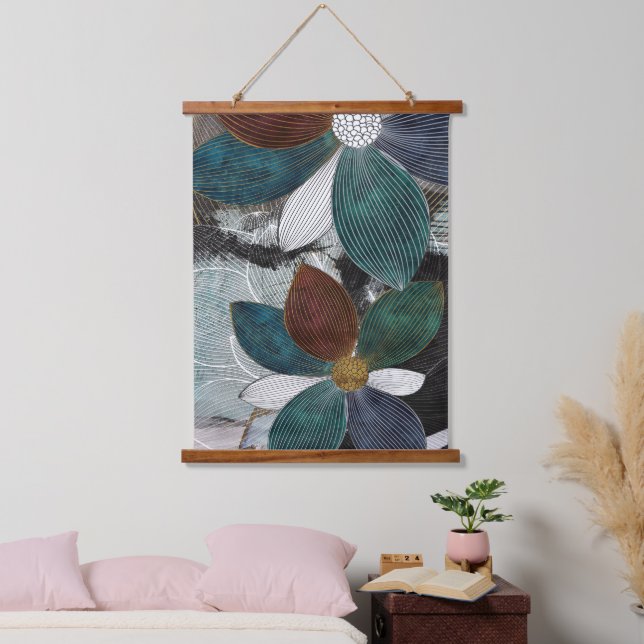 Abstrakte Lineararbeit florale Kunst mit fetten Pe Wandteppich Mit Holzrahmen (Schlafzimmer)