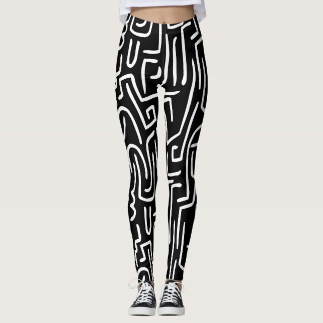 Abstrakte Linien 130318 - Weiß auf Schwarzem Leggings (Vorderseite)