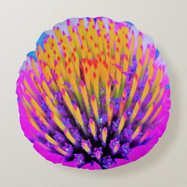 Abstrakte Macro Hot Pink und Gelb Rundes Kissen (Vorderseite)