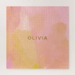 Abstrakte Malerei in Rosa und Gold Puzzle<br><div class="desc">Eine hübsche Kombination aus rosa, gelben, goldfarbenen und orangefarbenen Pinselstrichen und Bio, abstrakten Formen, personalisiert mit Namen oder Wörtern Ihrer Wahl.</div>