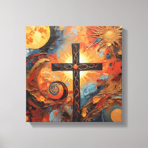 Abstrakte Malerei mit Sonnenmond und Kreuz Leinwanddruck