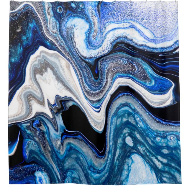 Abstrakte Marmor-Flüssigtextur in silberweißer Gla Duschvorhang (Vorderseite)