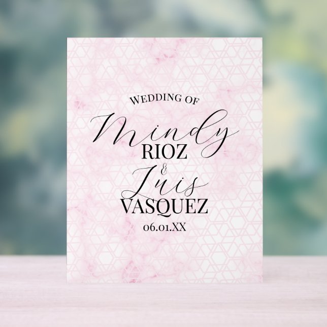 Abstrakte Marmor-Hochzeitstafel Rosa mit schwarzer Acrylschild (Neutral)
